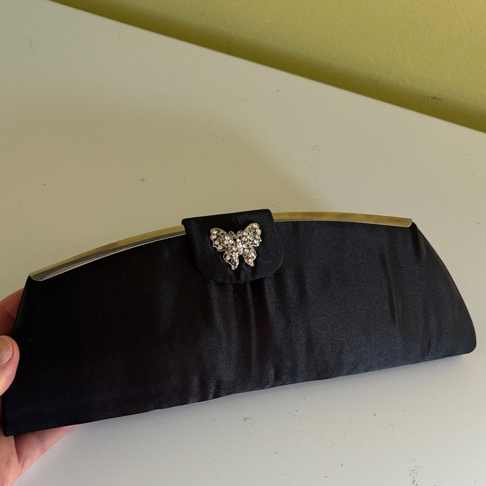 Tova Beverly Hills Black Satin evening Clutch.